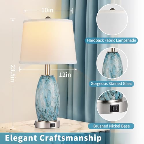 Light Blue Coastal Modern 23.5-Inch Table Lamps Set of 2 with USB Charging Ports