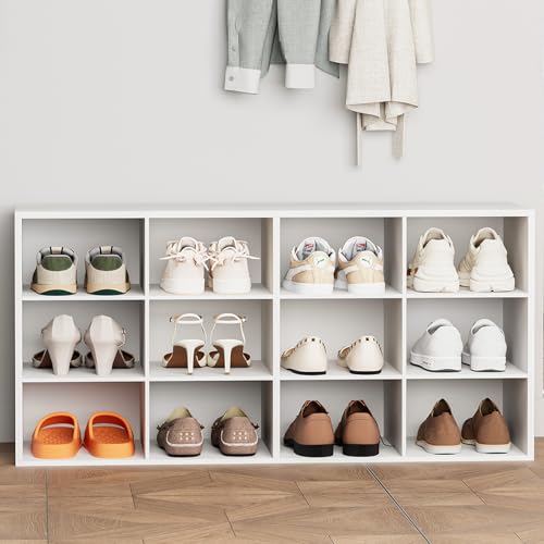 Aenuert 12-Cubby Shoe Rack, 3-Tier Wood Organizer, Multifunctional