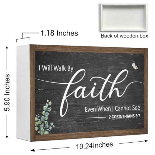 I Will Walk By Faith Wooden Box Sign Decor,2 Corinthians 5:7 Scripture Religious 10.3x6 Inches Wood Block Prayer Sign for Christian Home Office Shelf Wall Decor