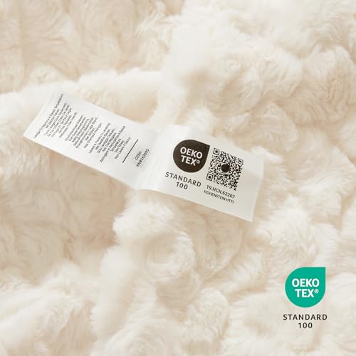 Cream White Faux Fur Throw Blanket - 55 x 70 Inch Reversible Plush Couch Blanket - Cozy Bliss