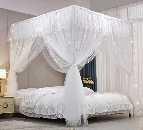 VETHIN White Double Layer Princess Bed Canopy Curtain for Queen Size Bed 59"W x 82"L