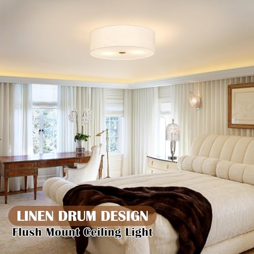 Bagood 16 Inch Gold Drum Flush Mount Ceiling Light Fixture with Fabric Shade - Dimmable Modern Living Room, Bedroom, Hallway Lighting