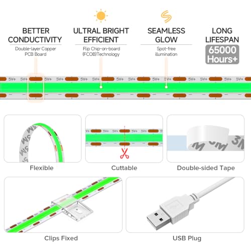 USB-Powered Green FCOB LED Strip 6.56ft 320 LEDs/m for TV Backlight