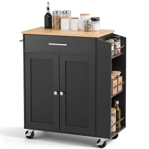 VEVOR Black Kitchen Island Cart with Storage, 31.3" Wide Mobile Rolling Trolley with Drawer & Spice Rack