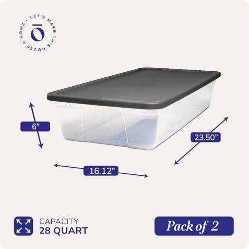 HOMZ 28 Qt Clear Plastic Storage Bins with Gray Snaplock Lids - 2 Pack