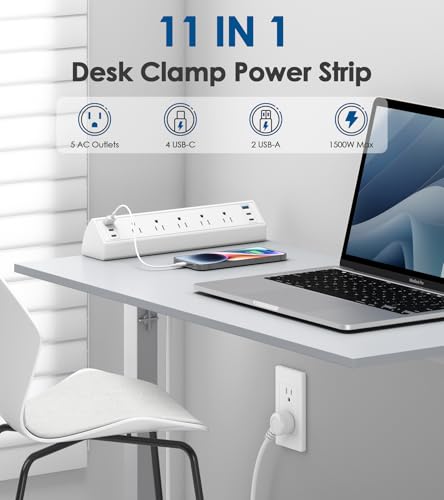Jgstkcity Desk Clamp Power Strip with 5 Outlets & 6 USB Ports - 40W White