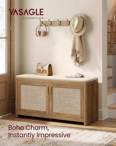 Natural Brown Boho Shoe Bench with Cushion, Rattan Look, 13.8x39.4x20.9 Inches