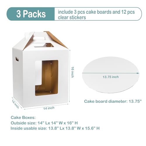 Tall Cake Boxes 14x14x16 Inches with Cake Boards - 3 Pack for Tiered Cakes