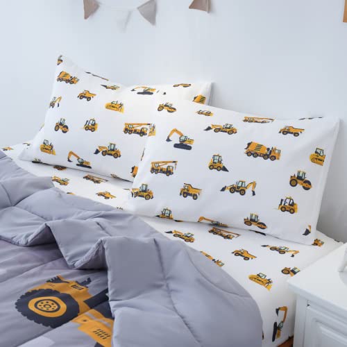 Twin Size Construction Trucks Comforter Set - 4-Piece Bed in a Bag for Boys - Truck Cars Design
