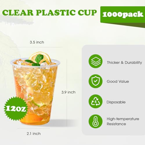 12 Oz Disposable Plastic Cups - Bulk 1000 Pack, Crack-Resistant & Anti-Slip