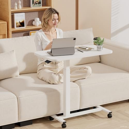 White GTPLAYER Adjustable Mobile Standing Desk with Lockable Wheels, Overbed Table, 32x18 inch