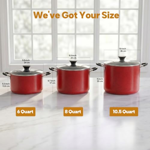 Red 10.5 Quart Non-Stick Stock Pot with Lid - Large Cooking Pot for Soup Stew