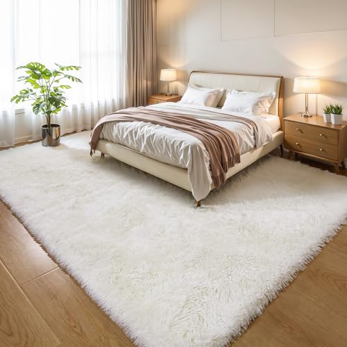 Cream White 6x9 Shag Rug for Bedroom - Plush Fluffy Non-Slip Carpet
