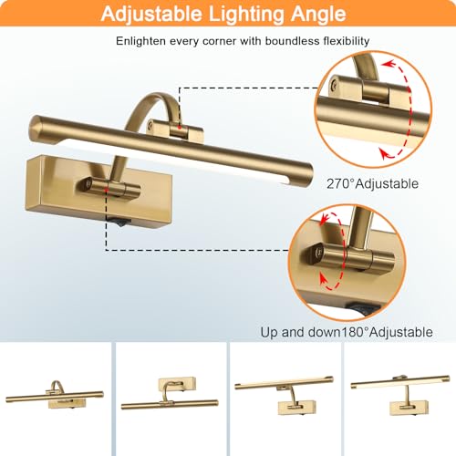 Brass Finish Rechargeable Picture Light with Remote Control, 12 Inch Adjustable Art Lighting