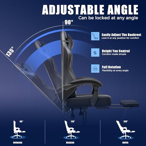 GTPLAYER Gaming Chair with Footrest - Black Dark Black Recliner Ergonomic High Back