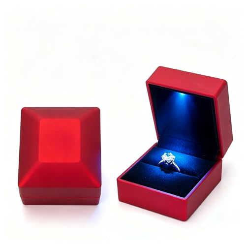 Red Ring Box with Blue LED Light - Square Velvet Jewelry Gift Box for Proposal