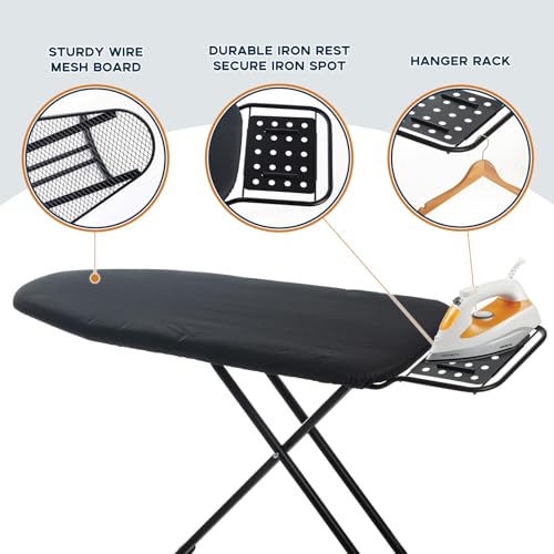 RAINHOL Black Full Size Adjustable Ironing Board 54x13 inches with Steel Frame and Cotton Cover