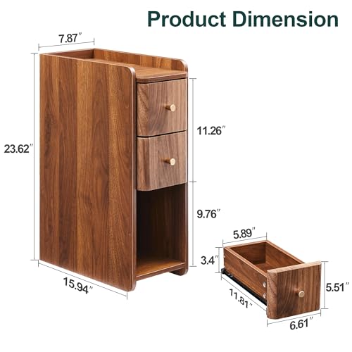 Narrow Nightstand Set of 2 - Walnut Wooden Small 2 Drawer End Tables - Mid Century Modern Slim Bedside Storage Variation of THIS listing
