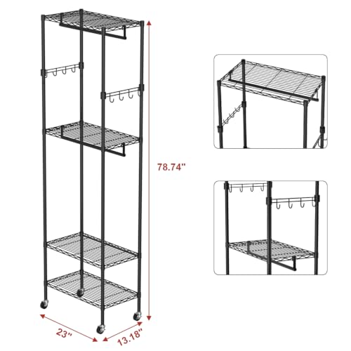 Adjustable Clothes Rack with 4 Tiers, Side Hooks, and Drawer - Black, 23" L x 13.18" W x 78.74" H