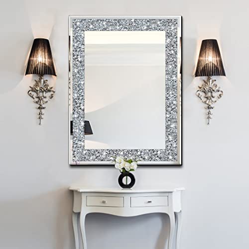 QMDECOR 32x24 Inch Rectangle Silver Mirror with Crystals Wall Decor Frameless Glam