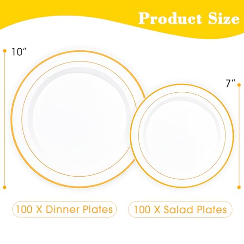 White Disposable Plates with Gold Rim - 200 Pack, Elegant Party Tableware