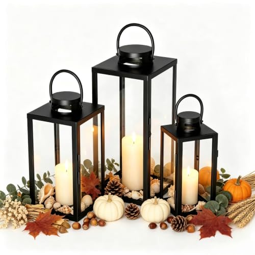 Square Black Decorative Metal Candle Lanterns Set Hanging & Tabletop for Indoor Outdoor