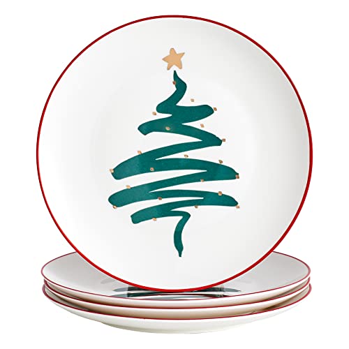 Swuut Christmas Dinner Plates Set of 4, 10 Inch Bone China with Gold Tree Design