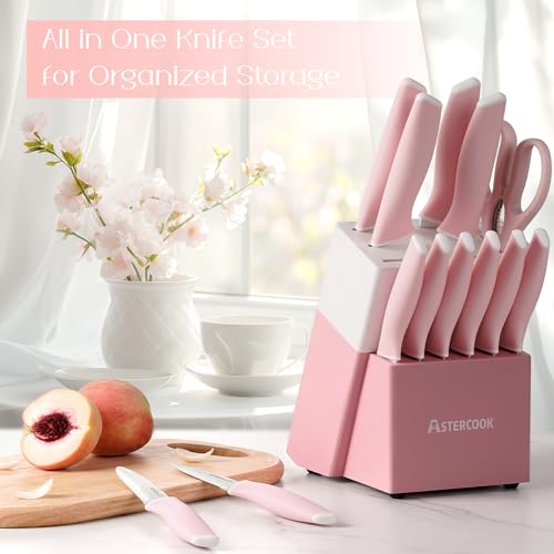 Pink 15-Piece Kitchen Knife Set with Block & Sharpener - High-Carbon Stainless Steel
