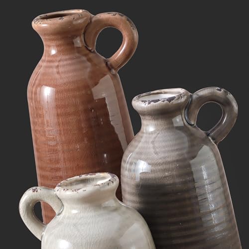 Ooit Brown Ceramic Vase Set of 3 Rustic Farmhouse Home Decor with Handles