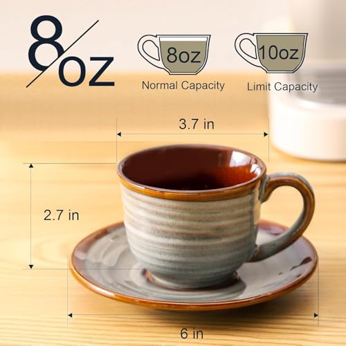 Brown 8oz Ceramic Espresso Cups with Saucers - Set of 4 for Coffee & Tea