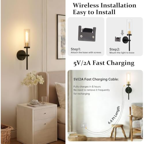 Rechargeable Wall Sconce Set of 2 Black & Gold with Clear Glass Shade - Remote Control, 5200mAh Battery, 3 Color Temperatures, No Hardwiring