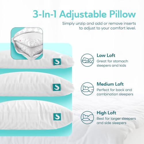 Sleepgram Cooling Bed Pillow Queen Size - Adjustable Hypoallergenic Support with Removable Cover