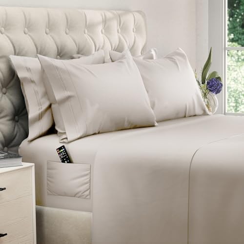 Beige King Size Extra Deep Pocket Bed Sheets Set - 6 Pcs Breathable Cooling Microfiber