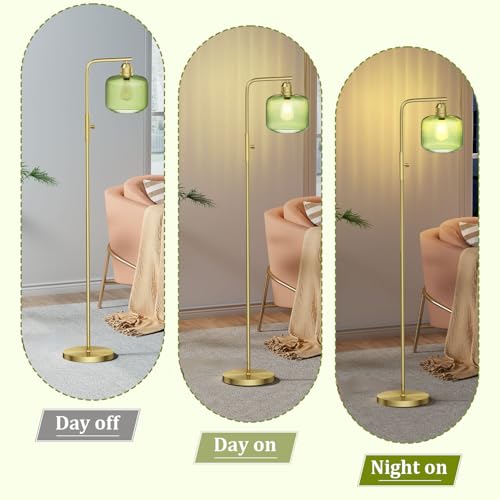 Dimmable Gold Floor Lamp with Green Ribbed Glass Shade - 66" Tall, Karjoefar