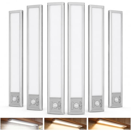 10-Inch Aluminum Under Cabinet Light - Rechargeable, Dimmable, 3 Colors, Magnetic Motion Sensor - 6 Pack