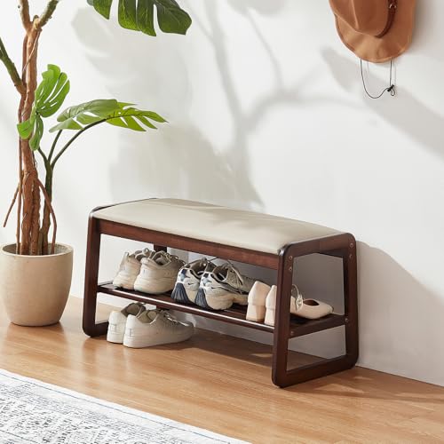 Achicsofar 2-Tier Wooden Shoe Rack Bench Beige 31.5" Entryway Storage