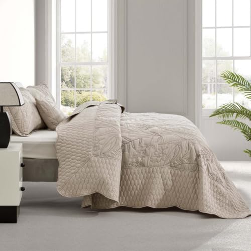 Oversized Full Bedspread Set with Leaf Stitching and Shams - Taupe, 5 Pieces - Variation of THIS listing