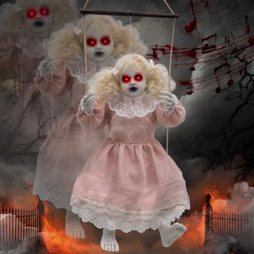 Pink Halloween Animatronic Hanging Girl Doll with Lighted Eyes & Creepy Sounds - Outdoor Indoor Decor