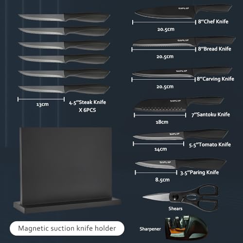 Black 15-Piece Kitchen Knife Set with Magnetic Holder - High Carbon Stainless Steel