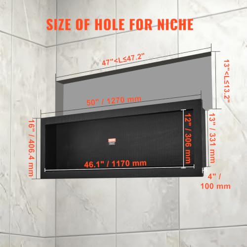 VEVOR Shower Niche Ready for Tile 16" x 50", Single Shelf Organizer,