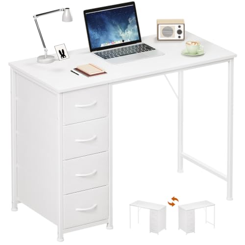 White Small Computer Desk with 4 Drawers - 39 Inch Home Office Workspace