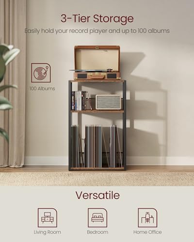 VASAGLE Rustic Brown 3-Tier Record Player Stand with Vinyl Record Storage