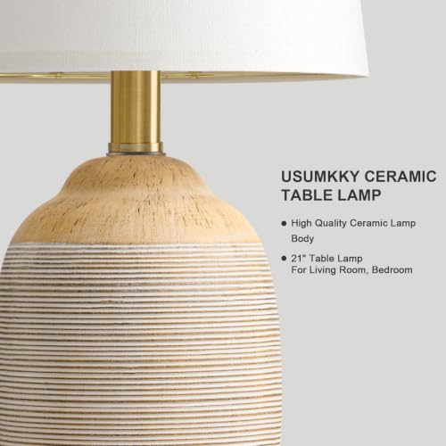 Vintage Ceramic Table Lamps Set of 2 - 21 Inch Beige for Bedroom & Living Room