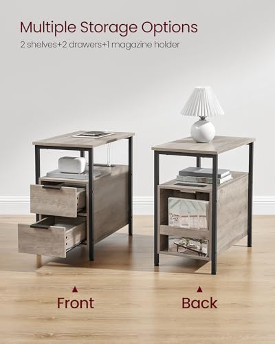 VASAGLE Slim Nightstand with Charging Station - Heather Greige + Ink Black, 23.6"D x 11.8"W