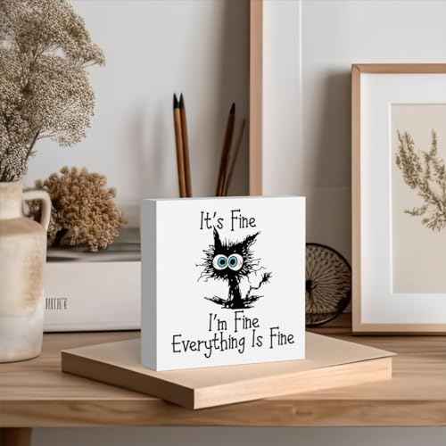 Funny Office Decor Funny Black Cat It's Fine I'm Fine Everything is Fine Wood Box Sign Desk Decoration Cat Desk Accessories Gift for Colleague Gifts Decoration Sign for Office
