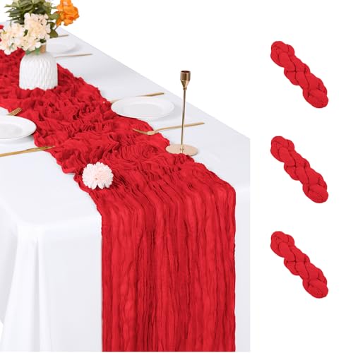 ACSUIT 3 Pack Red Cheesecloth Table Runner 17x108 Inch Semi Sheer Boho Fabric for Wedding & Party Decor
