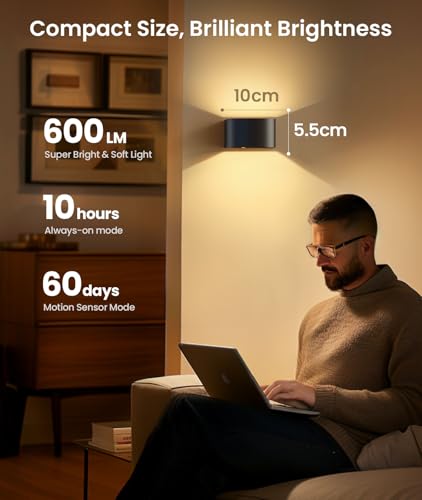 Wireless Motion Sensor Wall Light 4 Pack Black with Remote Control - Rechargeable LED Indoor Sconce