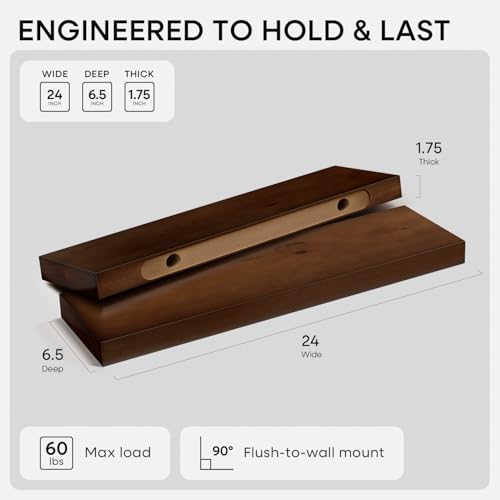 American Walnut Floating Shelves Set of 2 - 24 Inch Solid Pine Wall Storage