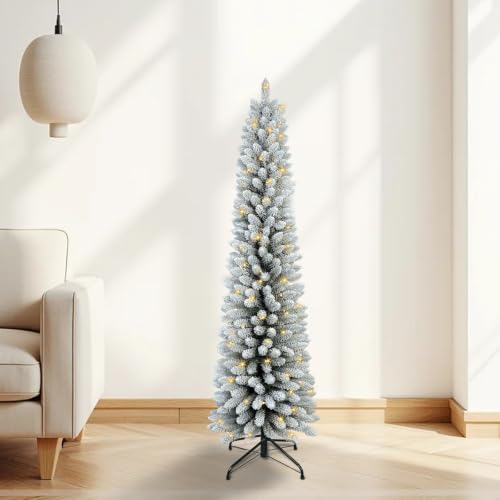 MAKEATREE 5ft Pre-Lit Flocked Pencil Christmas Tree - Slim 19in Width, Warm LED