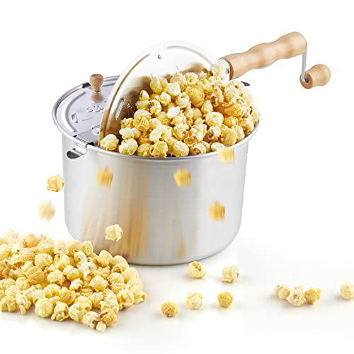 Cook N Home Brushed Aluminum 6 Quart Stovetop Popcorn Popper with Hand Crank